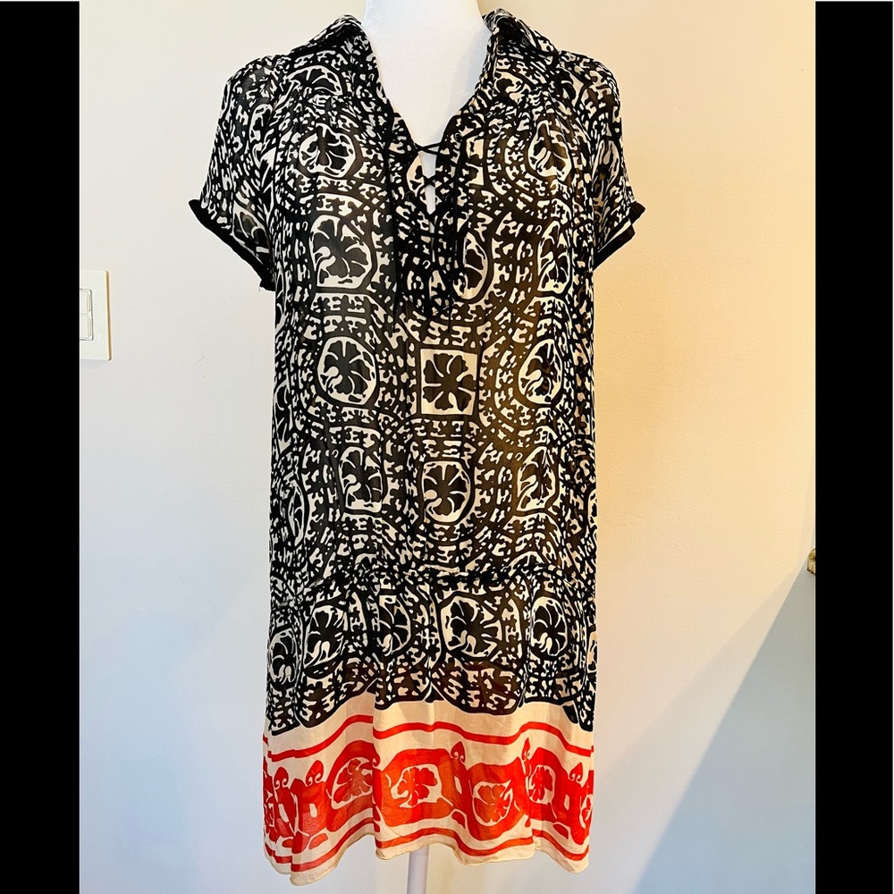 ANNA SUI Black Red Sheer Silk Border Print Lace Up Dress w Flounce. Size XS